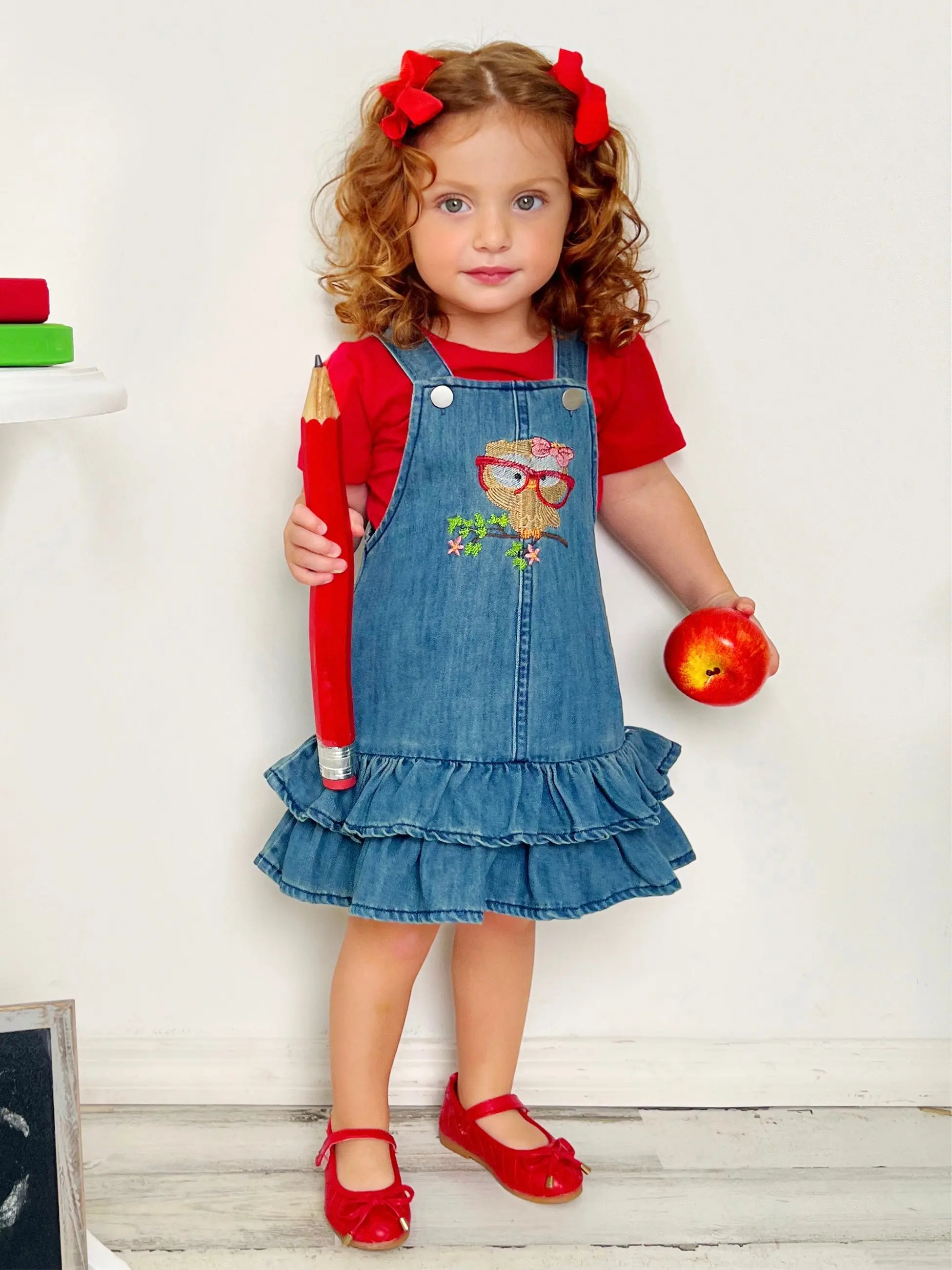 Embroidered Owl Red Top and Denim Overall Dress Set Embroidered Owl Red Top and Denim Overall Dress Set