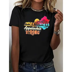 Women's Appalachian Strong Print T-Shirt - 100% Cotton Crew Neck Short Sleeve Casual Summer Festival Outfit Gift for Hikers Top Womenswear Streetwear Tshirt Crewneck Black Shortsleeve casual outfits women clothing women's graphic tees