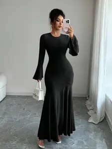 Elegant Women's Elastic Slim Fit Mermaid Dress, Womenswear, Ruffled Sleeve, Long Sleeve, Fall Winter Fashion, Stylish and Comfortable, Chic, Perfect for Casual Wear