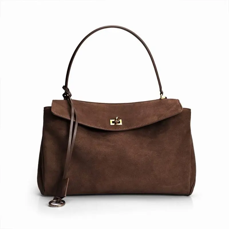 Trendy Two-Sided Suede Cowhide Shopper Bag – Brown with Gold Accents