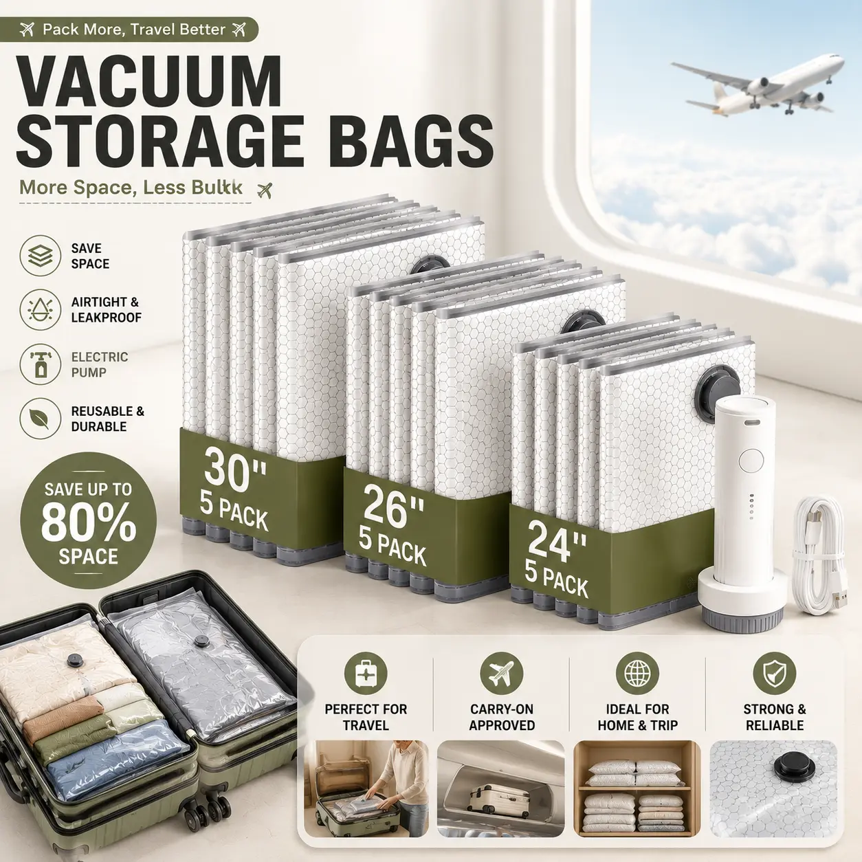 2026 Upgraded Cordless Vacuum Storage Bag Set | 15 Pack 3 Sizes, Rechargeable Pump 140L/Min Suction, Waterproof Reusable Compression Bags for Travel Carry-On Luggage