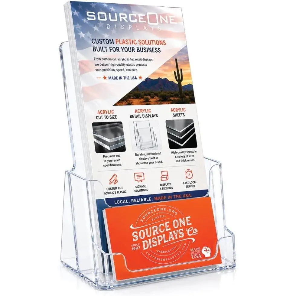 Acrylic Deluxe 4 Inch Wide Trifold Brochure Holder with Buisness Card Holder Counter Top or Wall Mount Use