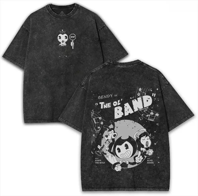 Women's Retro Washed Seamless Loose Tops, Bendy and The Ink Machine Black-Pattern Printed Short-Sleeve Crewneck Oversized Streetwear Tee for Day Wear (Bendy Boris The Wolf, Alice Angel Designs)