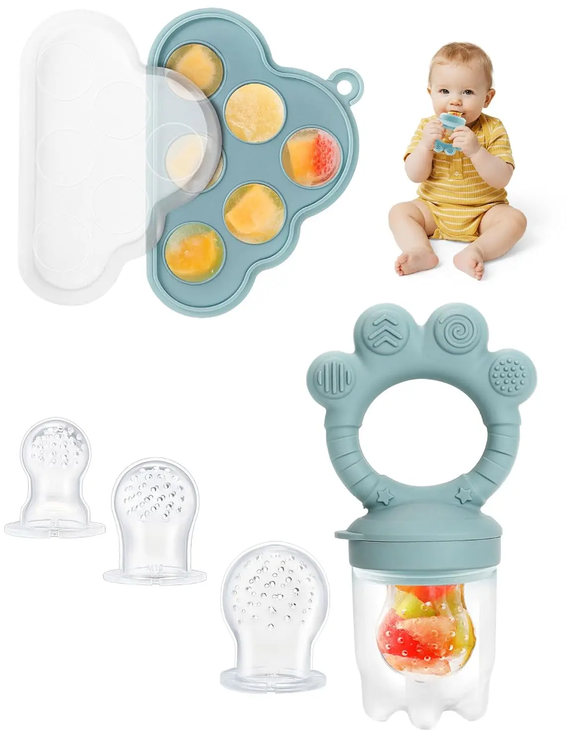Silicone Baby Fruit Feeder Pacifier & Breastmilk Popsicle Mold - BPA-Free Freezer Tray, Teething Toy, Self-Feeding Fresh Food Feeder, Baby Food Storage Container (Blue)