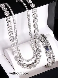 4-Piece Shiny Rhinestone Jewelry Set, Streetwear Accessories for Rappers, Stylish Necklaces & Bracelets for Trendy, Elegant Jewelry Set