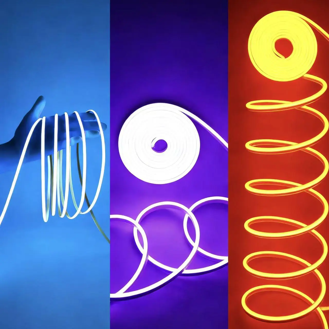 LED neon light strip, blue, purple, orange, 12V/5m, flexible diffusion sheet, bendable waterproof silicone material, suitable for mood lighting, home decoration, and more
