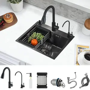 22x18 inch Black Kitchen Sink  Stainless Steel Kitchen Sink with Pull Down Faucet Drop in Single Bowl Sink with Drain Assembly Accessories Modern Farmhouse Workstation Mixer Sink Faucet
