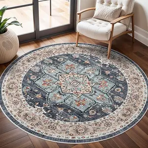 Oriental Round Rugs Soft Carpet Washable Floral Distressed Indoor Stain Resistant Non-Shedding Floor Carpets for Living Room Bedroom