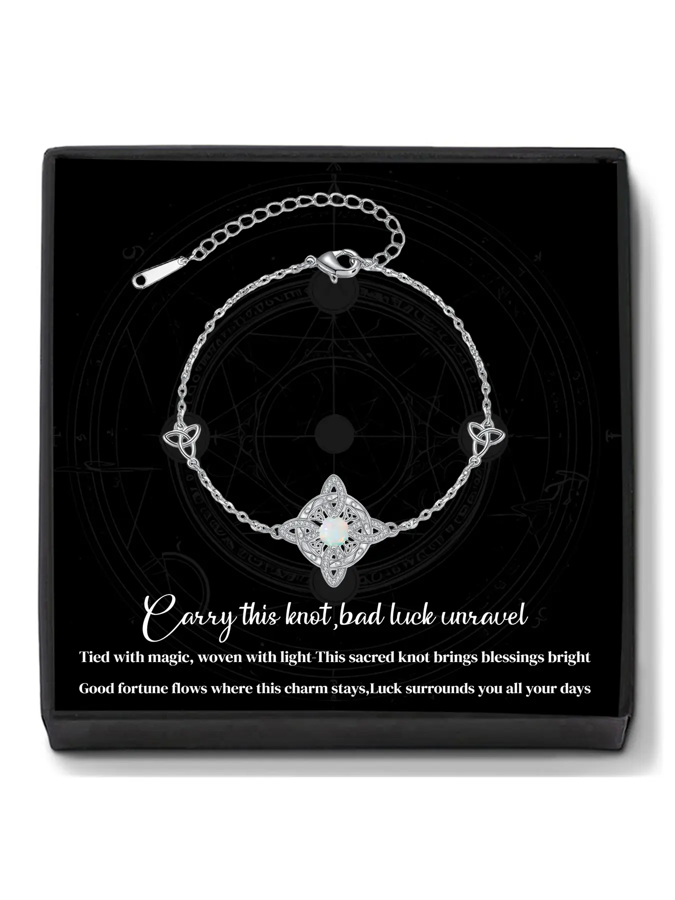 Moon Stone Witch Knot Bracelet With Blessing Message Card, Celtic Knot Pendant Protection Amulet Witchcraft Pagan Irish Witchy Jewelry for Women