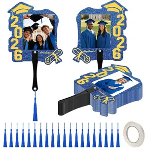 36 PCS Custom Graduation Fan Photo Frames with Handle, Plastic Class of 2026 Photo Props with Tassel, Double Sided Sparkle Grad Party Frames for Grad Event