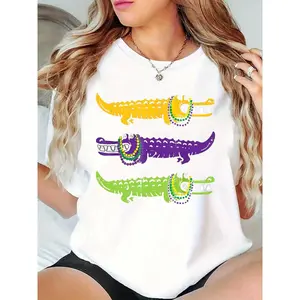 Women’s Mardi Gras Alligator Beads Graphic T-Shirt – Casual Festive Party Top, White Crew Neck Tee with Colorful Gator & Bead Designs for Ladies 100% Cotton T-shirt