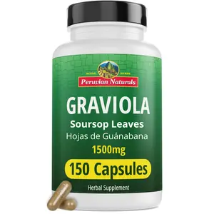 PERUVIAN NATURALS Soursop (Graviola) Leaves Capsules, Herbal Dietary Supplement - 150 Capsules, 1500mg Natural Edible Formula - Immunity Boost, Bitters Support, Cell Regeneration for Adults, Soursop Herbal Supplements