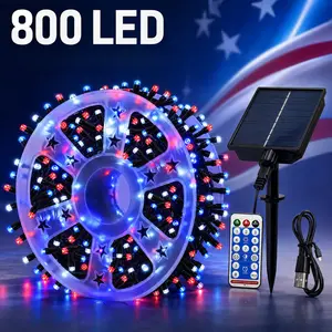 800 LED Solar Red White Blue String Lights, Patriotic Outdoor Fairy Lights with Remote, 334.6FT Waterproof Solar Lights for 4th of July, Porch, Patio, Fence, Yard Decor