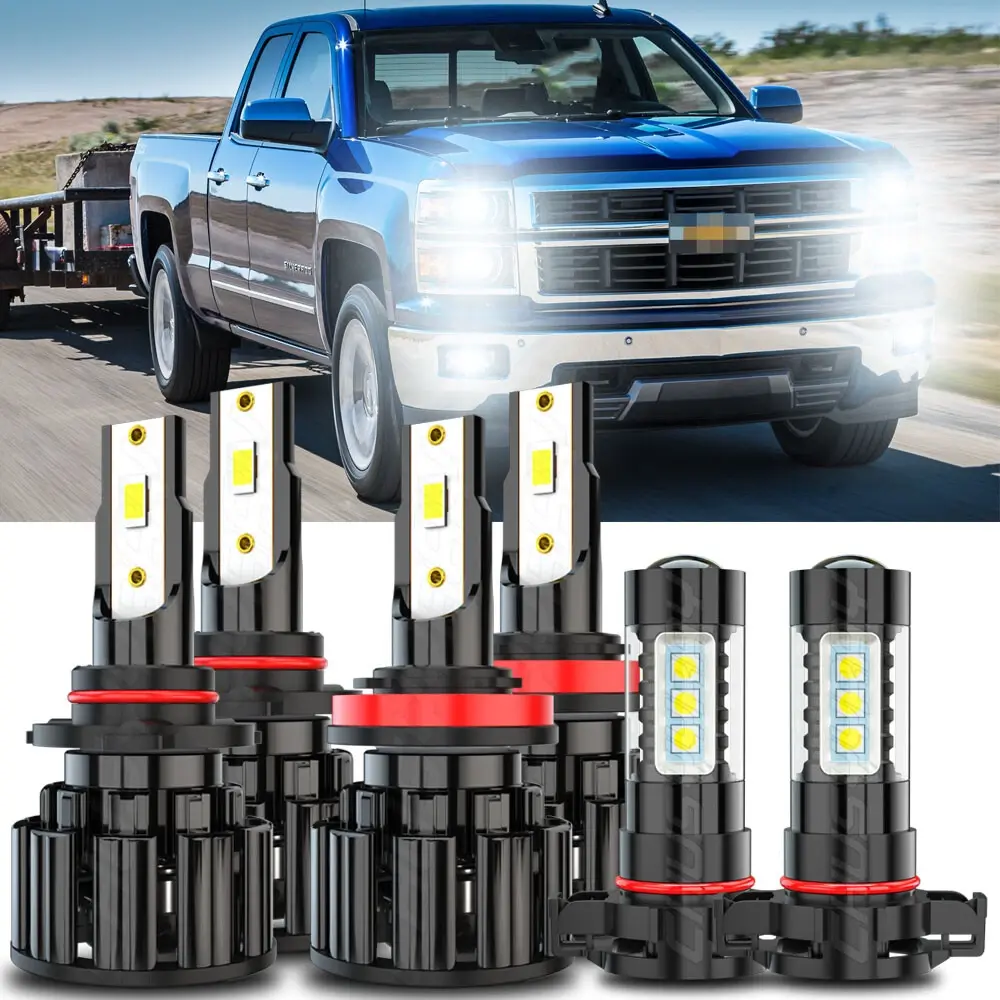 For Chevy Silverado 1500 2007 2008 2009 2010 2011 2012 2013 2014 2015  6Pcs Front LED Headlight Bulbs High Low Beam+Fog Lights Kit Truck Led Drl
