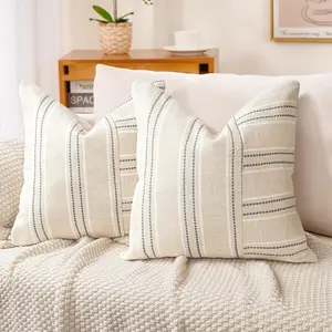 20x20 Decorative Farmhouse Linen Throw Pillow Covers, Boho Textured Pillow Case, Set of 2, Beige with White Gray Stripe Patchwork Cushion Cover for Sofa Couch Living Room (Cover ONLY)