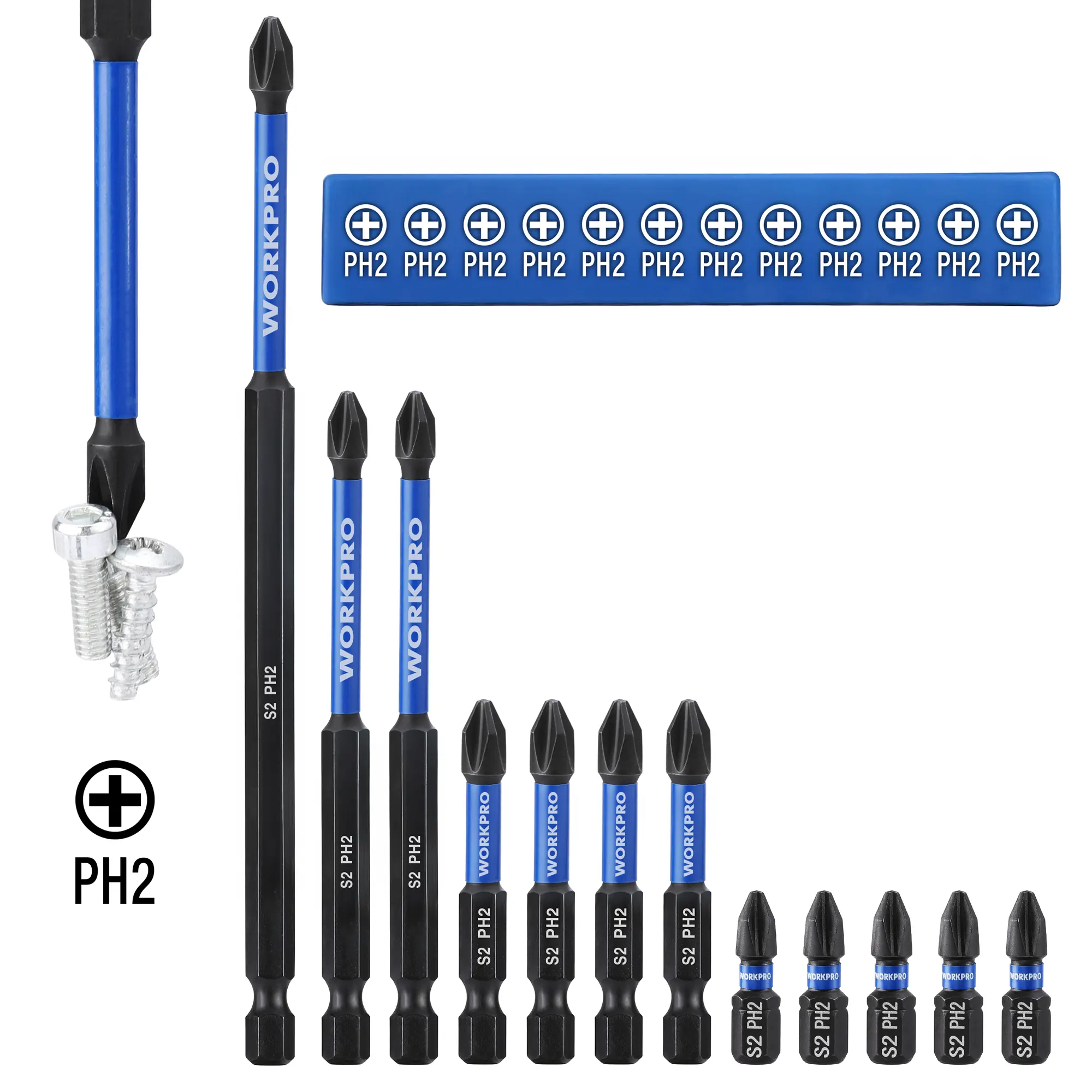 #backtoschool WORKPRO PH2 Impact Phillips Screwdriver Bit Set, S2 Steel CNC Machined Magnetic Tips, 1/4" Hex Shank Impact Driver Bits, Anti-Slip, Multiple Sizes & Lengths with Storage Box/Holder