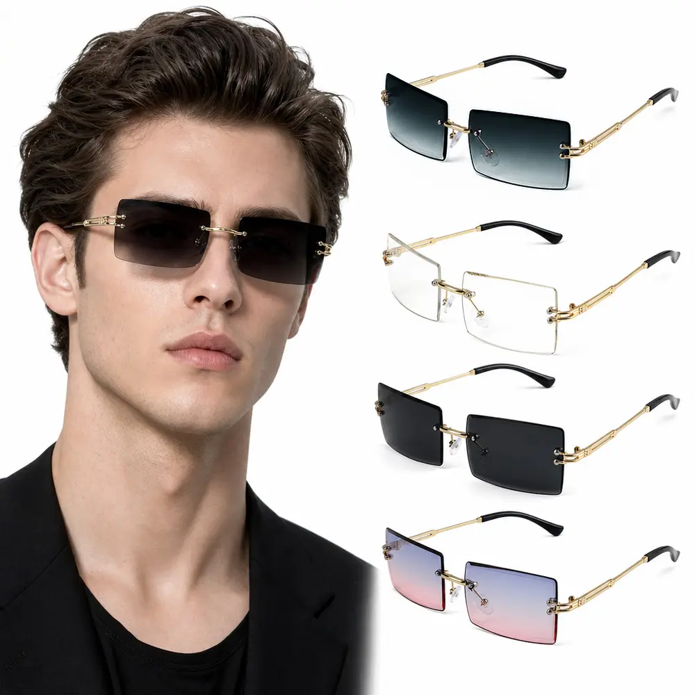 4-Pack Vintage Rimless Rectangular Sunglasses for Men Women, Metal Frame with Candy Color Lenses, Trendy Sun-Protective Streetwear Accessory, Girlfriend, Mother, Men's Sunglasses, Glasses For Women, Trendy Beach Eyewear, Men's Accessories
