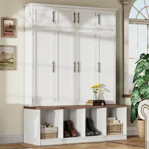 Farmhouse Hall Tree with 4 Hidden Hanging Hooks, Versatile Walnut Seating Bench with 8 Doors, Entryway Shoe Cabinet with Open Compartment for Living Room