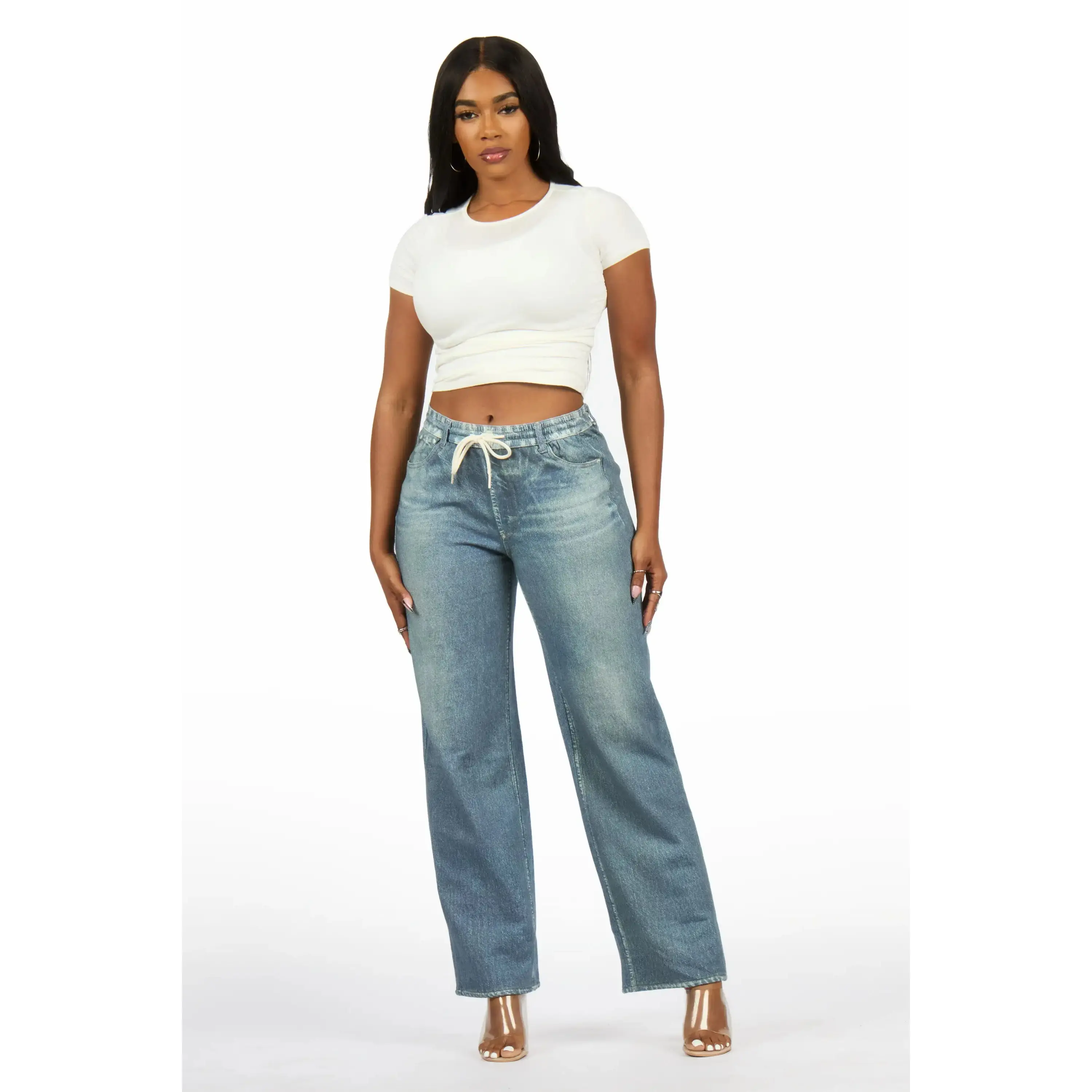 Audrea Med. Wash Denim Print Stretch Terry Sweatpant Jean