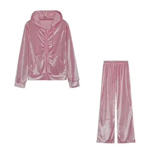 Women's 2-Piece Velvet Long Sleeve Pants Set - 2-Piece Outfit for Sports, Leisure Wear, Two Piece Set Casual