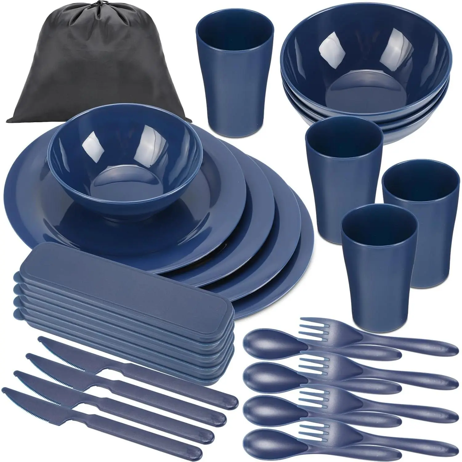 Camping Mess Kit for 4, 29-Piece Unbreakable PP Plastic Dinnerware Set with Lightweight Utensils, Stackable Plates, Bowls & Cups for Outdoor Meals, Easy Carry Bag, Dishwasher Safe, Compact, Beach Parties, Practical, Picnics