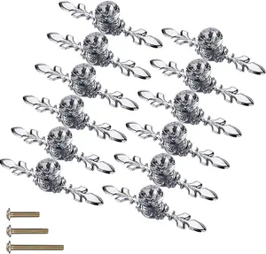 12-pack silver crystal glass knobs with plates & 3 screw types—elegant pulls for drawers, dressers, kitchen & bathroom.