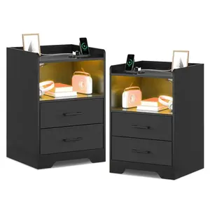 SIKAIC 2PCS LED Nightstand Tables, Modern Accent Tables with 2 Storage Drawers, Black Lighted Vanity Indoor Furniture, Nightstand Table
