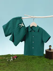 Boys Fashion 2-Piece Set, Wave Stripe Pattern Short Sleeve Shirt and Shorts, Summer Casual School Wear for Ages 3-8, Perfect for School or Outdoors