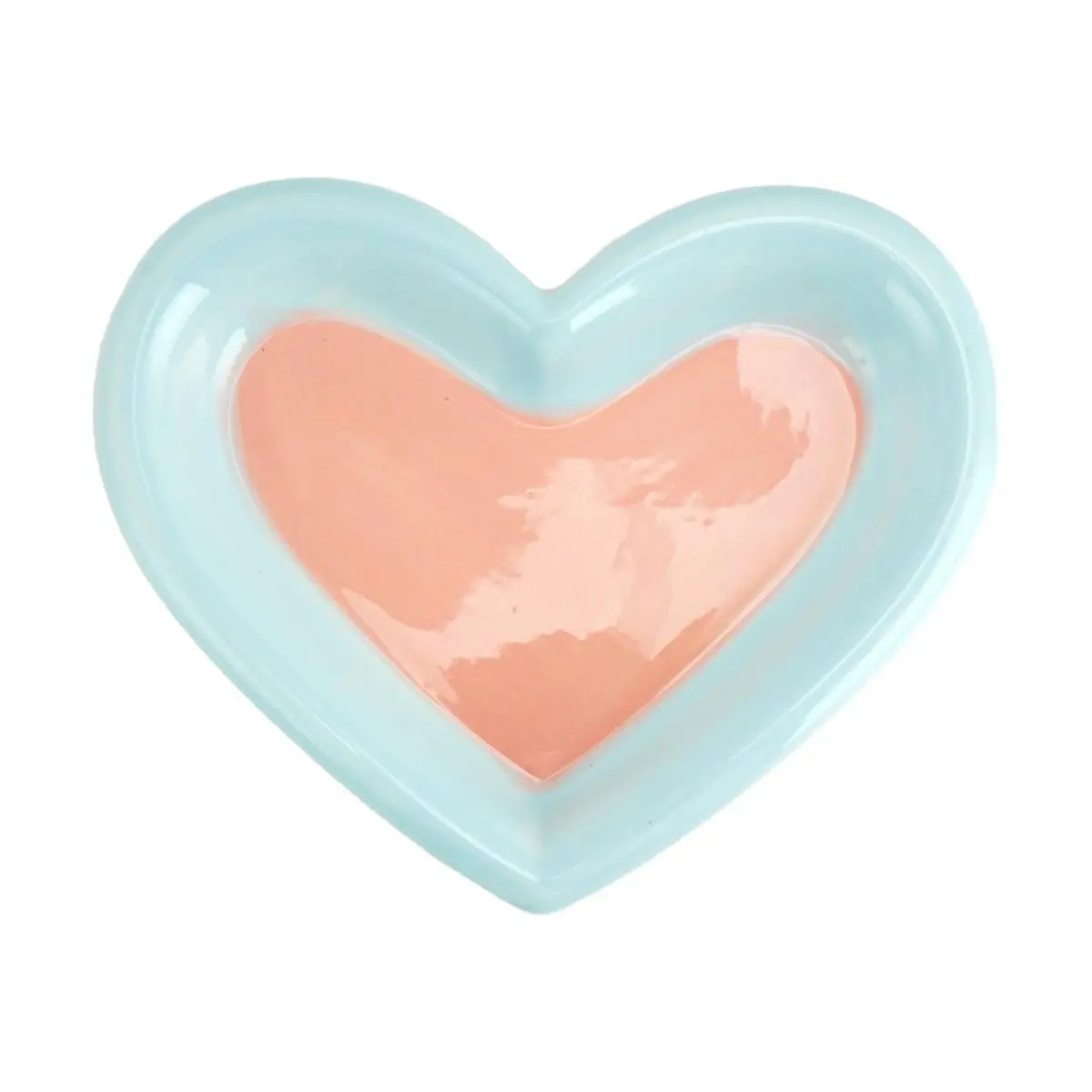 Golden Lion Large Heart Shaped Ceramic Plate - Pink Base Blue Rim, Cute Dessert Dish for Girls, 19.8x16x2.8cm