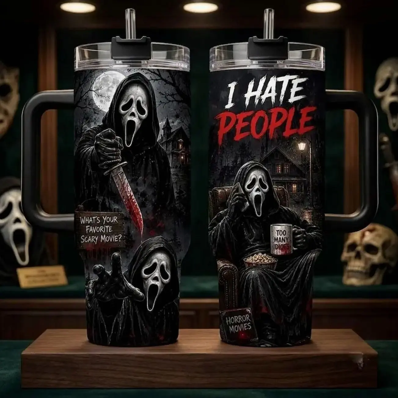 Ghostface Horror 20oz 30oz 40oz Tumbler, Gothic Insulated Stainless Steel Travel Mug with Handle, I Hate People Funny Horror Cup, Scary Movie Inspired Drinkware, Halloween Spooky Gift for Horror Fans
