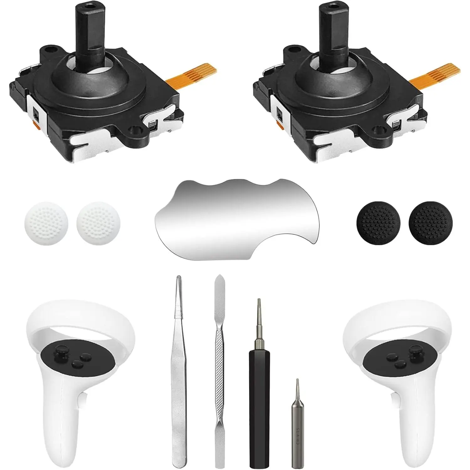 Meta Quest 2/Oculus Quest 3 Complete Controller Joystick Repair Kit - 3rd Generation Joysticks (2), 1 x Small T5 Screwdriver, Silicone Caps (4), 1 x Tweezer, Pry Tool, Pad, Cable, Silicone & Metal Accessories, 11-in-1 Set