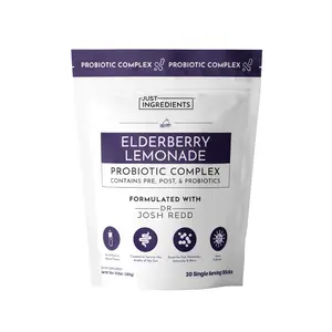Just Ingredients Elderberry Lemonade  3‑In‑1 Probiotic Complex – 30‑Stick Drink Mix with Prebiotics, Probiotics & Postbiotics – 5 Billion CFU Spore Strains + Lemon Extract – Immune, Gut & Digestive Support