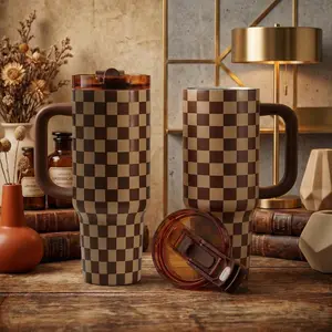 1pc 40oz Brown Checkered Stainless Steel Tumbler with Handle & Straw, Insulated Water Bottle for Women & Men, Leakproof Travel Mug, Fits Car Cup Holder, Retro Grid Coffee Cup, Keeps Cold 24H Hot 8H, Large Capacity for Office Gym Commute