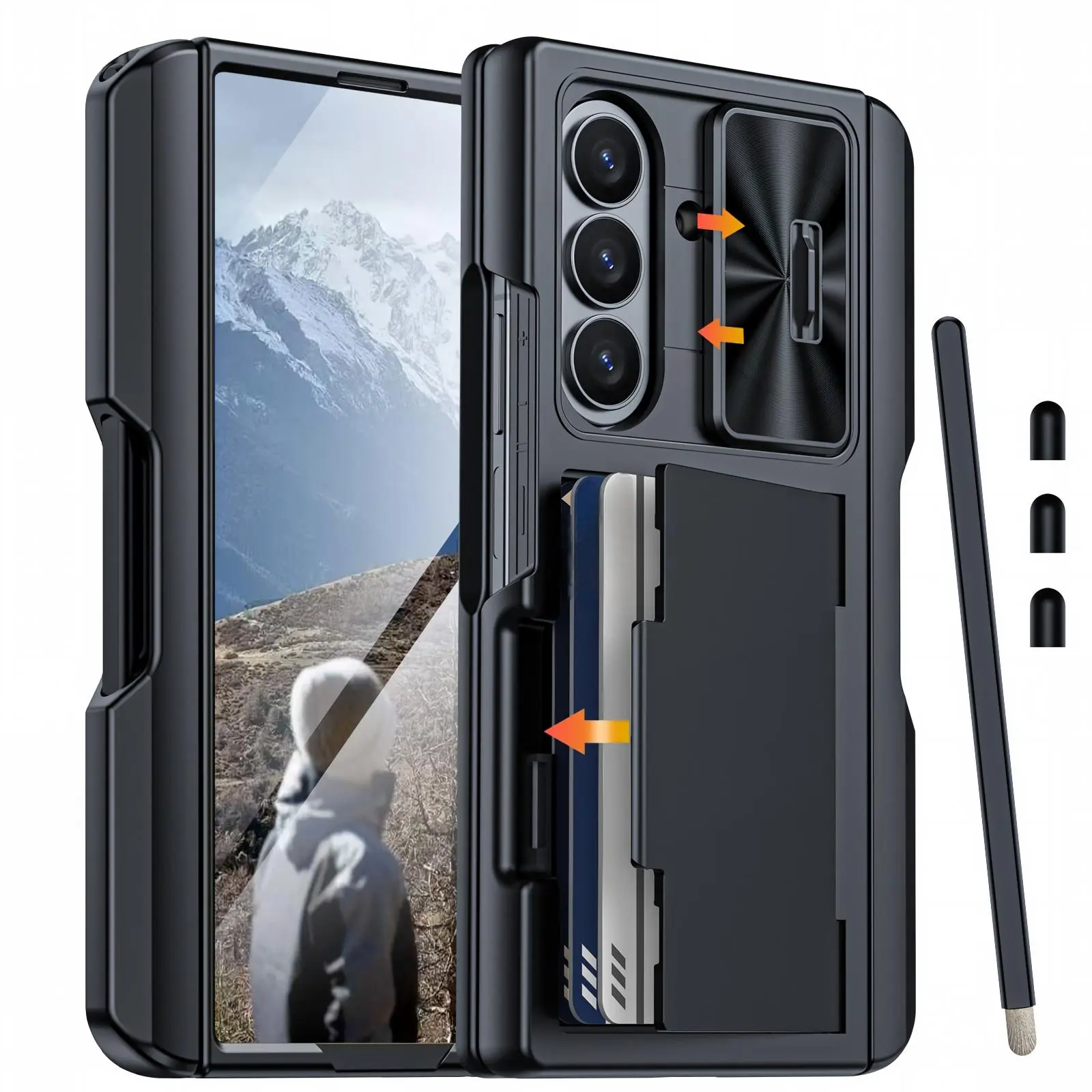 BSNRM For Samsung Galaxy Z Fold 8 Ultra/Z Fold 7 Case with Stylus Pen, RFID Blocking Wallet Case with Card Holder, Built-in Pen Holder, Camera Slide Cover, Kickstand Protective Phone Cover