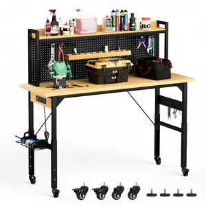 [Bellemave]48/71''Adjustable Workbench with pegboard, Heavy Duty Wooden Desktop Workbench with Wheels, 1600 lb.Load Capacity, Rolling Workbench with AC/USB Outlet, Hooks, Shelf, for Garage, Workshop, Office, Home.