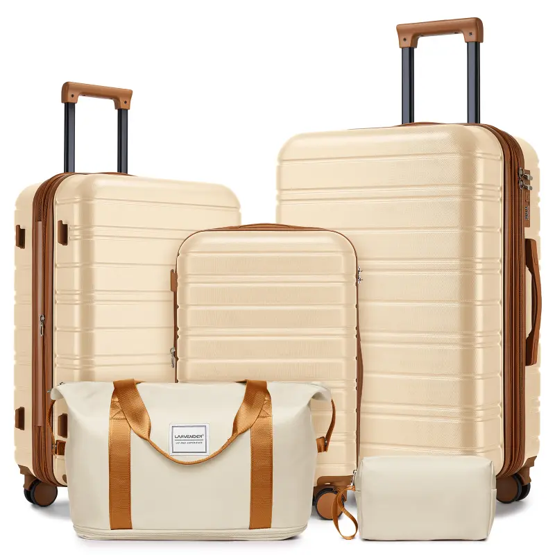 5 Piece Cream Hardside Expandable Luggage Set with Spinner Wheels and Duffel Bags for Travel Carry-On with Makeup Bags