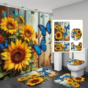 1/4pcs sunflower and butterfly pattern shower curtain set, non-slip mat, U-shaped rug, toilet seat cover, perfect for bathroom, restroom decoration, partitioning, and beautifying the space. Includes 12 shower curtain hooks.