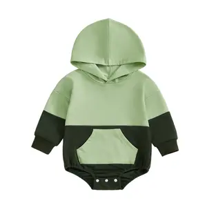 Newborn Boy Girl Hooded Romper Long Sleeve Front Pocket Patchwork Cute Fall Jumpsuit