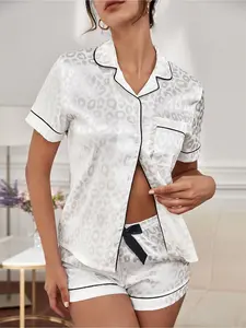 Women's Summer Satin Leopard Print Pajama Set, Short Sleeve Button-Up Top with Shorts, Soft Comfortable Comfy Sleepwear Loungewear, Casual Fitted Style Pjs