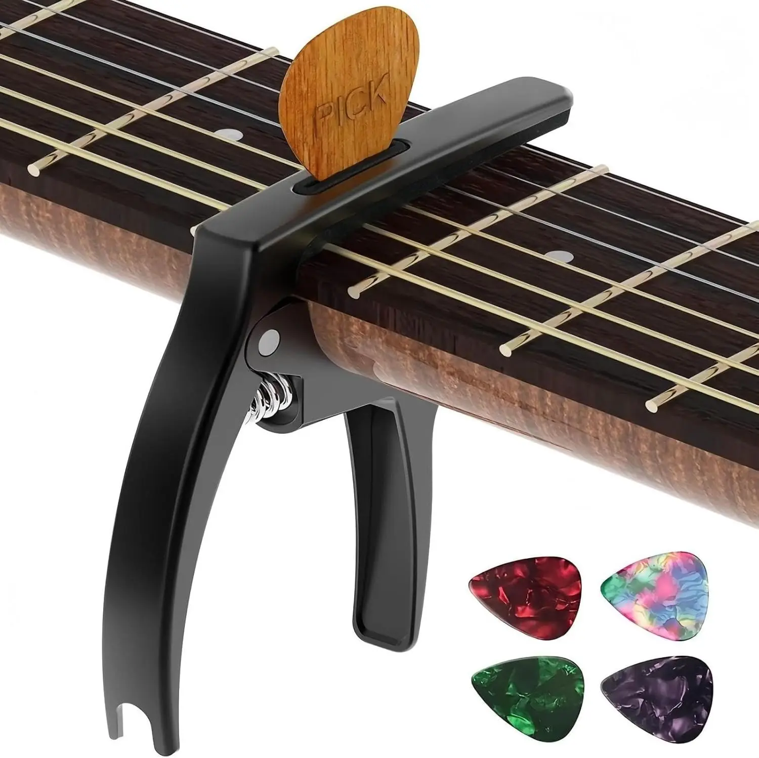 3in1 Zinc Metal Capo for Acoustic and Electric Guitars (with Pick Holder and 4Picks)
