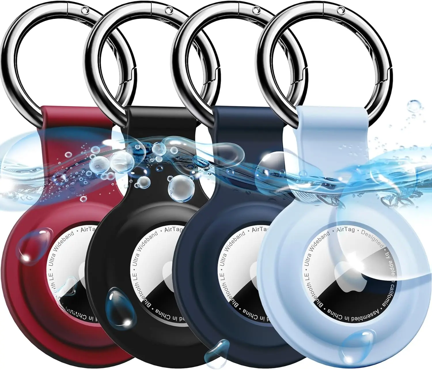 for Air tag Holder with , [4 Pack]  Air Tag case Cover with Key Rings for Wallet,  , Luggage, and -Black/Navy/ Red/Sky Blue