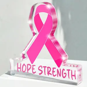 Ribbon Breast Cancer Awareness Sign, Acrylic Plaque Sign, Acrylic Desk Decor, Survivor Support Gift, 10x10cm, Ideal for Chemotherapy Rooms & Offices