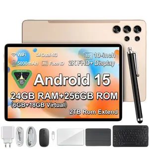 2026 Family 2-in-1 Android 15 Tablet, 10.1" Large Screen,24GB(6GB+18GB) RAM 256GB Storage, Keyboard, Mouse,Stylus, Case Bundle for Kids Learning & Home Use gift