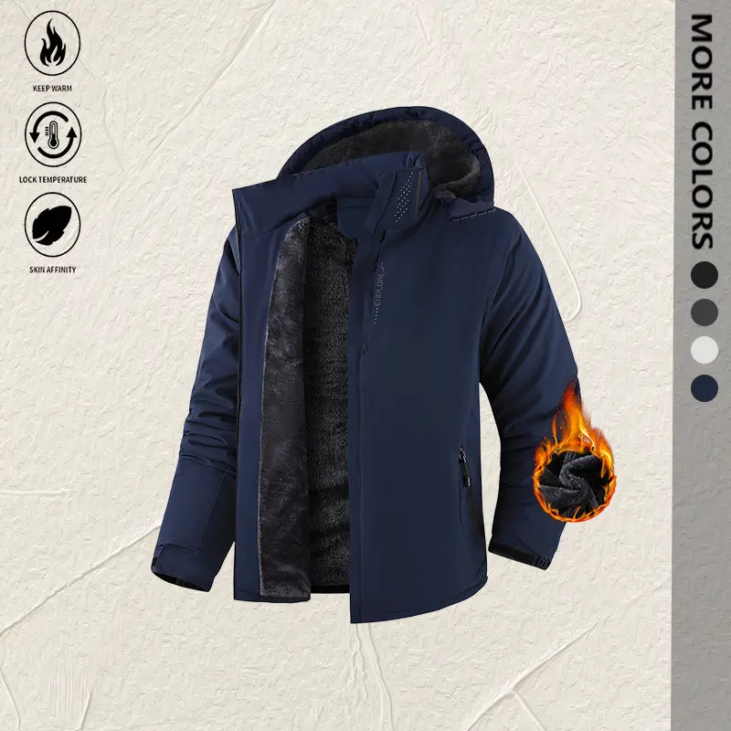 Men's Plain Casual Functional Polyester Fleece-Lined Hooded Jacket Clothes - Windproof, Water-Resistant Thermal Winter Coat for Outdoor Hiking, Skiing with Zipper Pockets