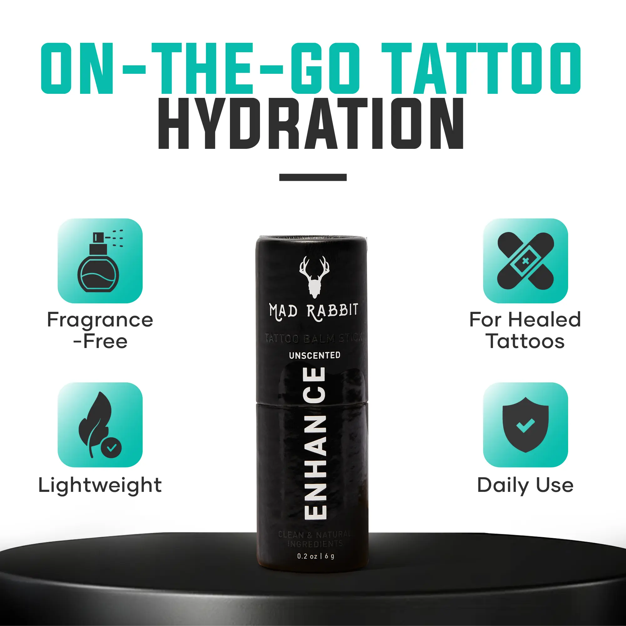 Mad Rabbit Tattoo Balm Stick - Clean & Vegan Aftercare Brightener & Moisturizer, Color Enhancement, Fragrance-Free, Lightweight Cosmetics, Tattoo Treatment Balm