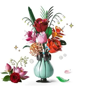 566 Piece Puzzle Buildable Flower Bouquet with Vase, DIY Artificial Rose, Rose/lotus Model Toys, Small Decorative Plant Gift for Valentine's Day, Birthdays, Mother's Day