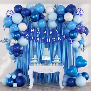 Blue Birthday Decorations for Women Men with Metallic Pastel Navy Blue Confetti White Foil Balloons Fringe Curtain Banner for 1st 15th 16th 18th 21st 25th Men Birthday Decorations