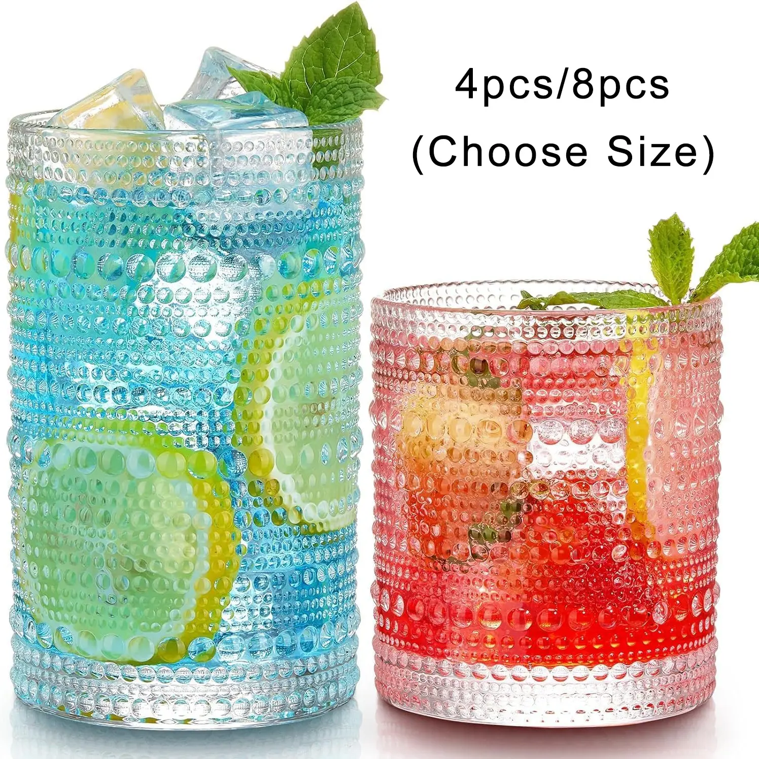 4/8 Pack Vintage Hobnail, Premium Drinking Glasses, 12oz/360ML Highball Glasses & 10oz/300ML Cocktail Glasses Set, Kitchen Water Glasses, Bar Tumbler Durable Glassware Set for Beer, Juice, Cocktail, Glass Cups