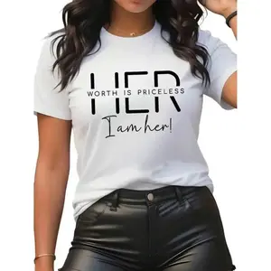 'I AM her. WORTH IS PRICELESS’ Statement Graphic Tee - Bold Typography for Confident Women,Sports T-shirt - Suitable for casual daily wear. Loose and fitted. Lightweight and breathable.