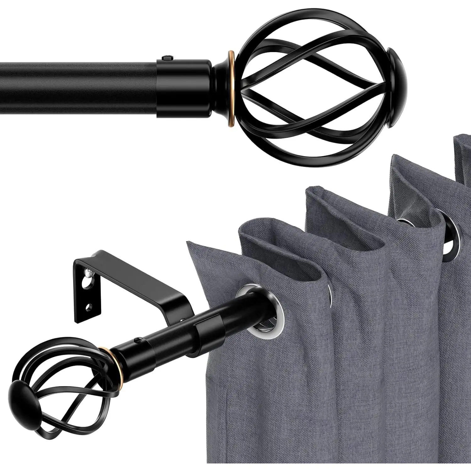 Curtain Rods for Windows 66 to 120, Black 120 inch Curtain Rod with Cage Finials, Adjustable Decorative Curtain Rods for Outdoor Patio, Sliding Glass Door, 10 ft Curtain Rod, 5/8" Diameter